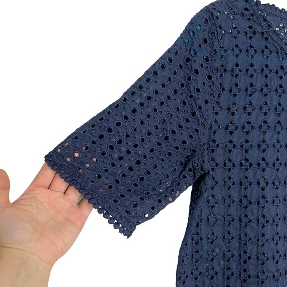 LOFT Navy Blue Geometric Eyelet Boxy Fit Short Sleeve Blouse - Picture 2 of 10